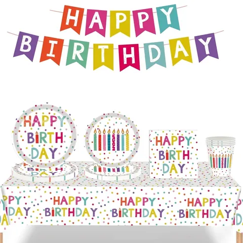 Ensemble de Vaisselle de Fête d'Anniversaire à Pois Assiettes en Papier Jetables Gobelets Serviettes Bannière Nappe pour Décorations d'Anniversaire d'Enfants