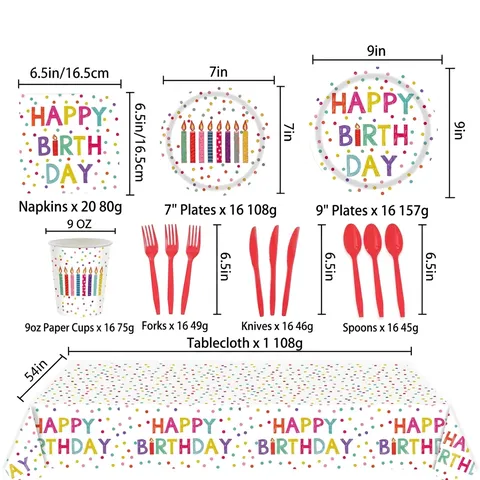 Ensemble de Vaisselle de Fête d'Anniversaire à Pois Assiettes en Papier Jetables Gobelets Serviettes Bannière Nappe pour Décorations d'Anniversaire d'Enfants