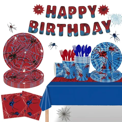 Spinnennetz Thema Party Geschirr Set Kunststoff Papier Halloween Geburtstag Dekoration Tischdecke Teller Tassen Servietten Besteck