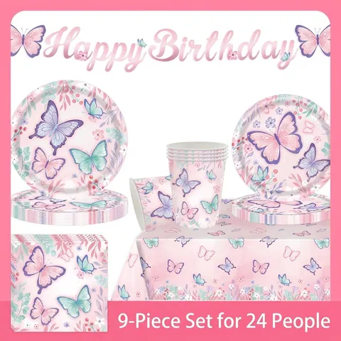 Ensemble d'Articles de Fête sur le Thème des Papillons Rose Violet Assiettes en Papier Jetables Tasses Serviettes Bannière Nappe pour Décorations de Fête d'Anniversaire de Fille