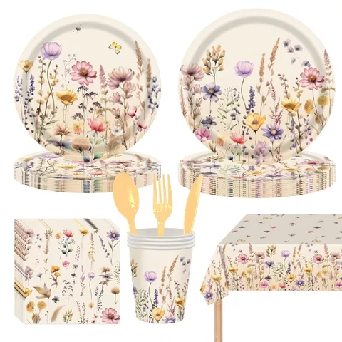 Ensemble de Fournitures de Fête Jetables sur le Thème des Fleurs Sauvages Nappe Assiettes en Papier Gobelets Serviettes pour Pique-Nique Jardin Décorations de Fête Vaisselle