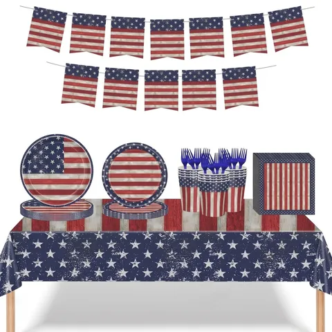 Vaisselle de Fête Rétro Drapeau Américain Jour de l'Indépendance Assiettes Gobelets Serviettes Nappe Pour Juillet