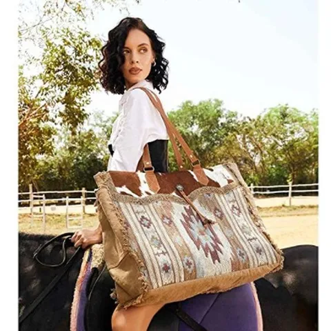 Bohemian Retro Canvas Tote Shoulder Bag For Women Large Capacity Ethnic Print Weekend Travel Handbag With Matching Wallet