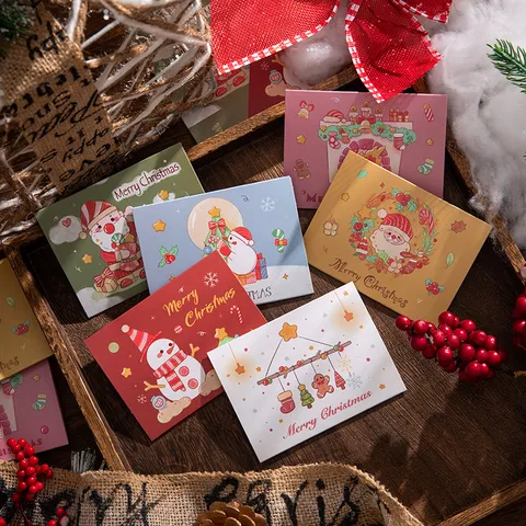 Christmas Tri-fold Greeting Cards With Envelopes Cartoon Santa Claus Snowman Gingerbread Man Holiday Blessing Gift Cards