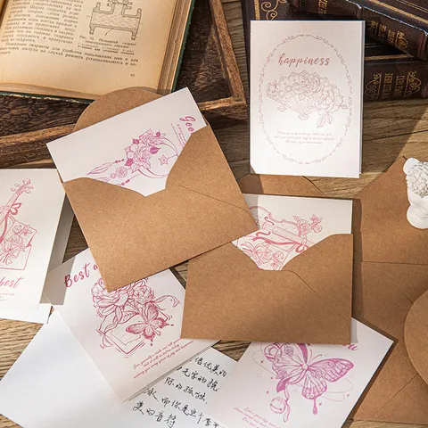 Vintage Kraft Paper Greeting Card With Envelope Retro Floral Butterfly Illustration Best Wishes Message Postcards For Teacher Student Gift
