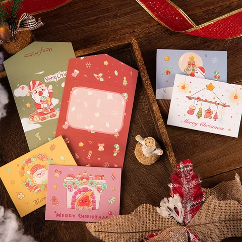Christmas Tri-fold Greeting Cards With Envelopes Cartoon Santa Claus Snowman Gingerbread Man Holiday Blessing Gift Cards