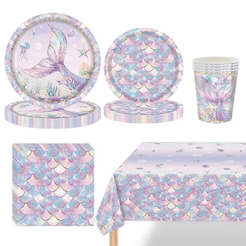 Ensemble de Fournitures de Fête d'Anniversaire Thème Sirène Vaisselle Jetable Assiettes Gobelets Serviettes Nappe pour Filles