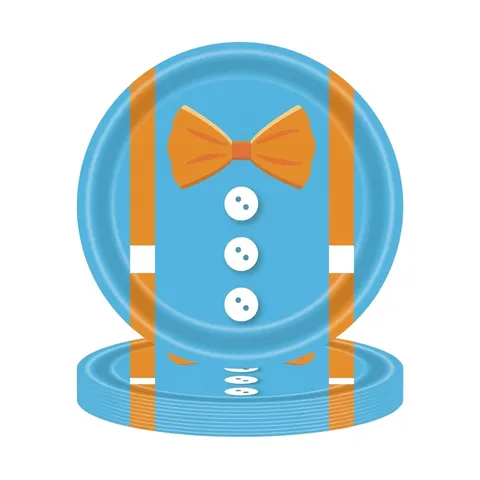 Ensemble de Vaisselle de Fête d'Anniversaire Professeur d'Anglais Dessin Animé Thème Gentleman Bleu Assiettes en Papier Gobelets Serviettes Nappe Bannière