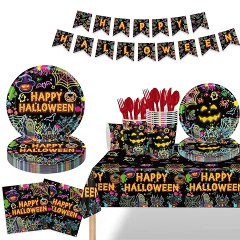 Vaisselle de Fête d'Halloween Néon Assiettes en Papier Jetables Gobelets Serviettes Couverts en Plastique Nappe Bannière Citrouille Chauve-souris Motif Château