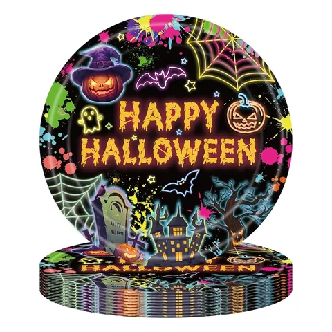 Vaisselle de Fête d'Halloween Néon Assiettes en Papier Jetables Gobelets Serviettes Couverts en Plastique Nappe Bannière Citrouille Chauve-souris Motif Château