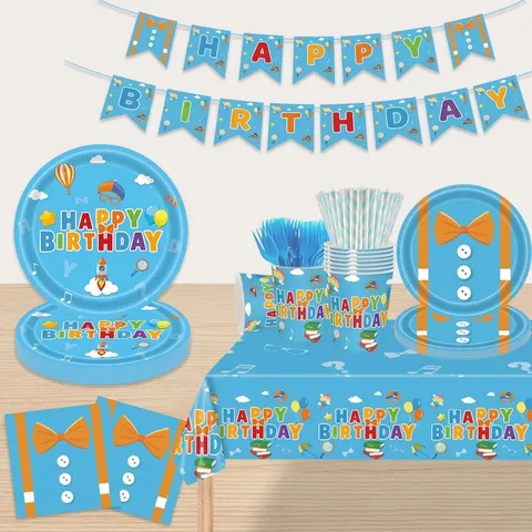 Ensemble de Vaisselle de Fête d'Anniversaire Thème Professeur d'Anglais Assiettes en Papier Bleu Gobelets Serviettes Bannière
