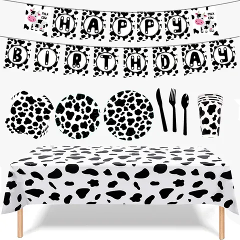 Ensemble Vaisselle De Fête Thème Vache Assiettes En Papier Imprimé Vache Tasses Serviettes Pour Anniversaire Enfant Mariage Décorations