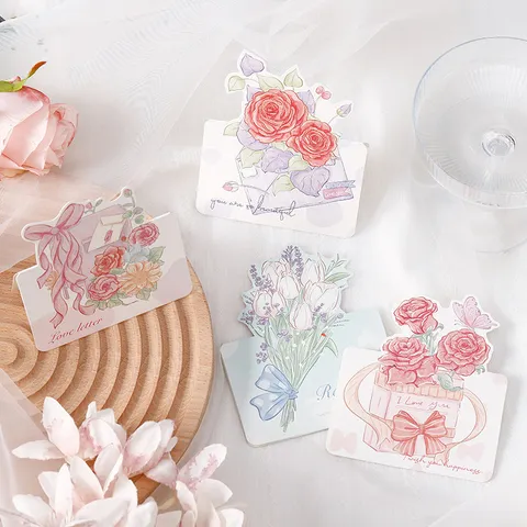 Hand-Drawn Floral Bouquet Valentine's Day Greeting Cards Hand-Painted Illustration Flower Shop Message Cards Rose Tulip Cards