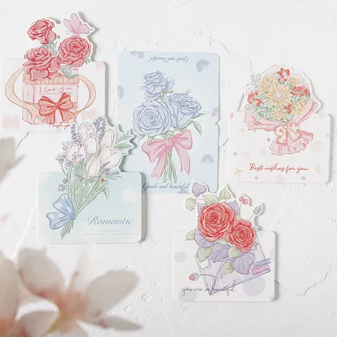 Hand-Drawn Floral Bouquet Valentine's Day Greeting Cards Hand-Painted Illustration Flower Shop Message Cards Rose Tulip Cards