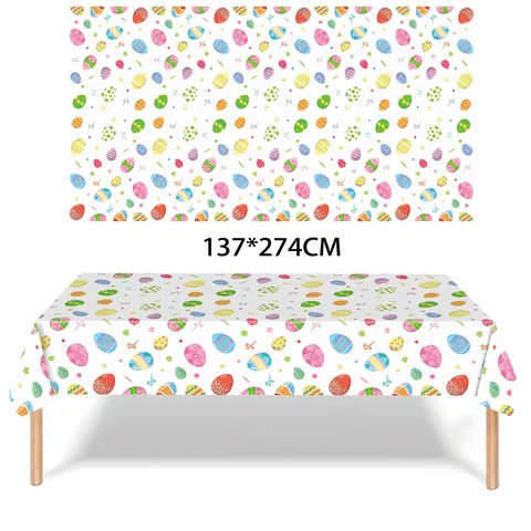 Easter Egg Disposable PE Tablecloth Waterproof Rectangle Table Cover For Holiday Party Decorations White Colorful Floral Pattern Table Runner