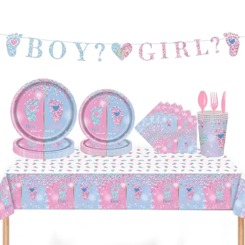 Kit de Fournitures de Fête Révélation de Genre Rose Bleu Empreinte Décorations de Baby Shower Assiettes Gobelets Serviettes Nappe Bannière