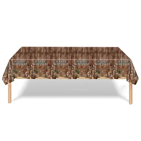 Cowboy Wood Grain Happy Birthday Party Disposable Tablecloth Western Rustic Table Cover For Party Decorations PE Plastic 137x274cm