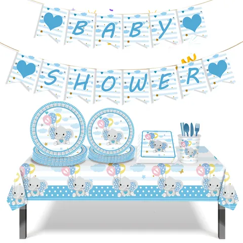 Ensemble d'Accessoires de Fête à Thème Éléphant Dessin Animé Bébé Douche Assiettes en Papier Gobelets Serviettes Nappe Bannière