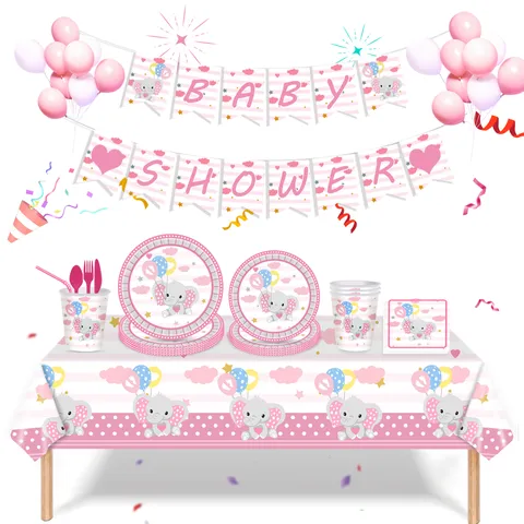 Vaisselle de Fête Éléphant Rose Assiettes Gobelets Serviettes Nappe Bannière pour Baby Shower Décoration d'Anniversaire