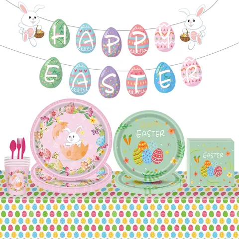 Ensemble de Vaisselle de Pâques Motif Lapin Œuf Assiettes en Papier Jetables Gobelets Serviettes Bannière Nappe Fournitures de Fête