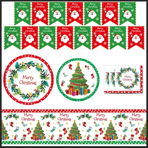Vaisselle Jetable de Fête de Noël Père Noël Sapin de Noël Couronne Assiettes en Papier Gobelets Serviettes Bannières Nappe pour Décoration de Noël