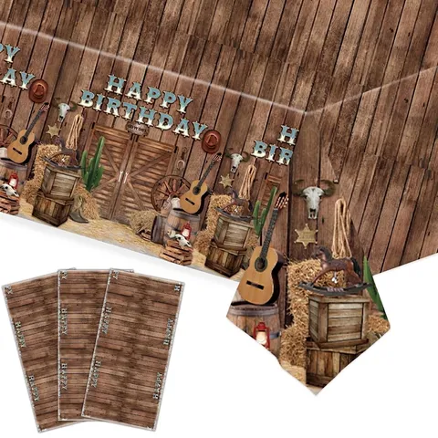 Cowboy Wood Grain Happy Birthday Party Disposable Tablecloth Western Rustic Table Cover For Party Decorations PE Plastic 137x274cm