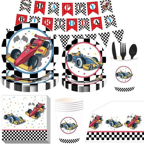 Ensemble Vaisselle de Fête Anniversaire Thème Voiture de Course Assiettes Gobelets Serviettes à Damiers pour Garçons