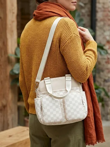 Bolso de Viaje Impermeable con Múltiples Bolsillos para Mujer Gran Capacidad de Nailon Tote Bolso de Hombro Patrón de Tablero de Ajedrez Bolso de Gimnasia