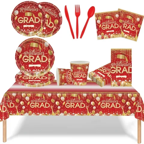 Ensemble Vaisselle de Fête Remise des Diplômes Rouge Assiettes Jetables Serviettes Gobelets Nappe PE Thème Mortier Or Rouge