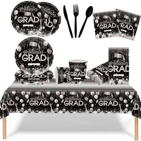 Fournitures de Fête de Remise des Diplômes Noir Argent Vaisselle Jetable Assiettes Gobelets Serviettes Nappe Pailles Couverts pour Cérémonie