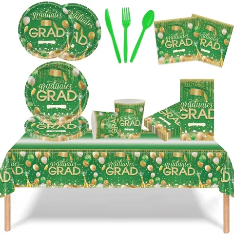 Ensemble Vaisselle Jetable Fête Remise Diplômes Vert Assiettes Papier Gobelets Serviettes Nappe Décoration Toque