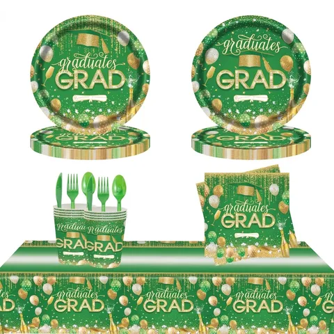 Ensemble Vaisselle Jetable Fête Remise Diplômes Vert Assiettes Papier Gobelets Serviettes Nappe Décoration Toque