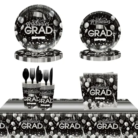 Fournitures de Fête de Remise des Diplômes Noir Argent Vaisselle Jetable Assiettes Gobelets Serviettes Nappe Pailles Couverts pour Cérémonie