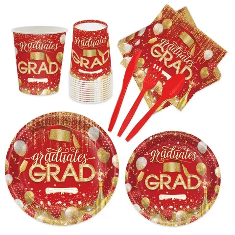 Ensemble Vaisselle de Fête Remise des Diplômes Rouge Assiettes Jetables Serviettes Gobelets Nappe PE Thème Mortier Or Rouge