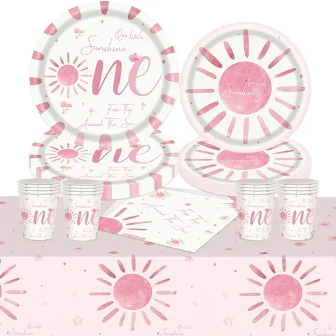 Décorations de Fête 1er Anniversaire Thème Soleil Rose Our Little Sunshine Ensemble Vaisselle Jetable Assiettes Serviettes Gobelets Nappe Couverts