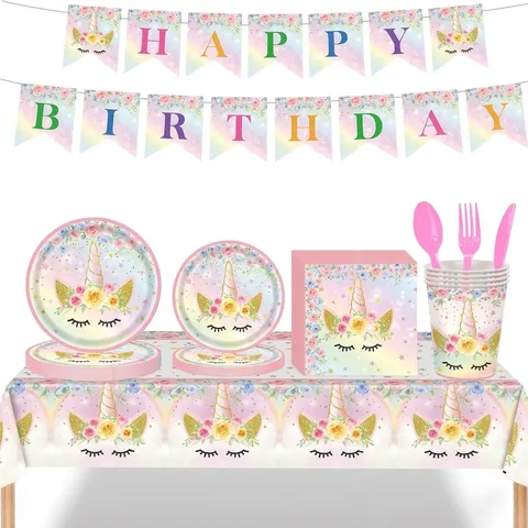 Ensemble de Vaisselle de Fête d'Anniversaire Licorne Arcobaleno Assiettes en Papier Gobelets Serviettes Nappe Bannière pour Décoration