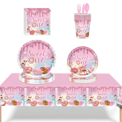 Vaisselle de Fête Anniversaire Thème Beignet Rose Filles Assiettes Gobelets Serviettes Nappe Bannière Couverts Décoration Dessert Enfants