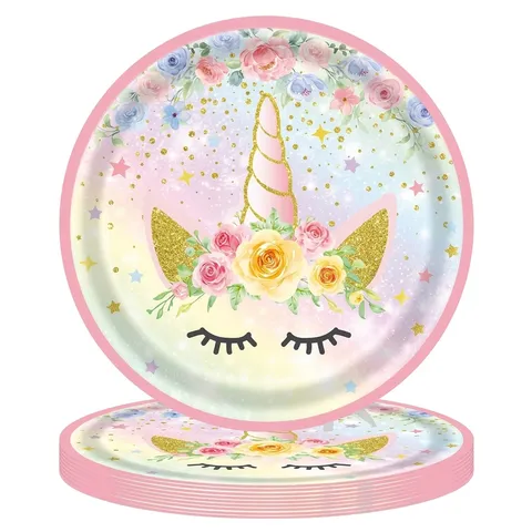 Ensemble de Vaisselle de Fête d'Anniversaire Licorne Arcobaleno Assiettes en Papier Gobelets Serviettes Nappe Bannière pour Décoration