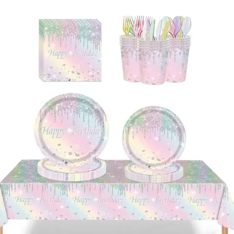 Kit de Vaisselle de Fête Happy Birthday Arc-en-ciel Dégradé Assiettes Jetables Gobelets Serviettes Nappe Couverts