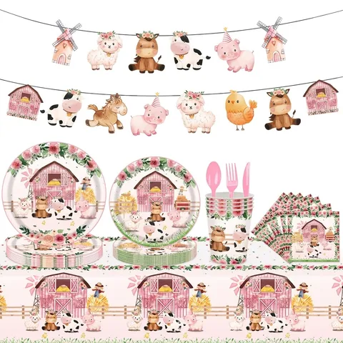 Fournitures de Fête Animaux de la Ferme Rose Grange Vache Floral Assiettes en Papier Serviettes Gobelets Nappe Bannière Anniversaire Fille Décorations