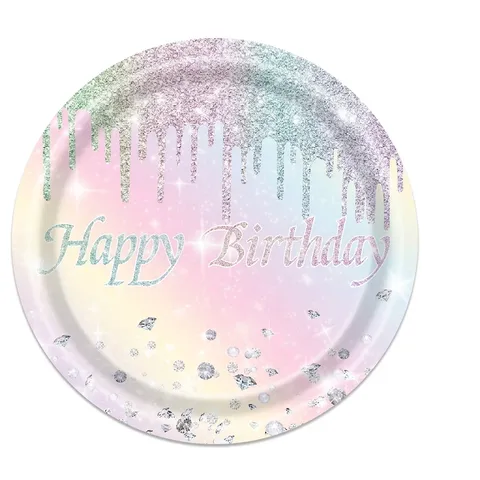 Kit de Vaisselle de Fête Happy Birthday Arc-en-ciel Dégradé Assiettes Jetables Gobelets Serviettes Nappe Couverts