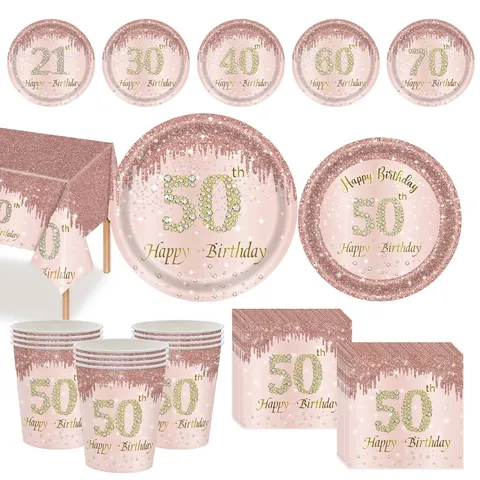 Ensemble de Vaisselle de Fête d'Anniversaire Or Rose Assiettes en Papier Jetables Gobelets Serviettes Nappe pour Décorations d'Anniversaire
