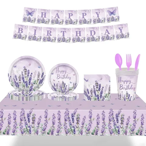 Frühling Lavendel Geburtstag Party Einweggeschirr Set Floral Pappteller Becher Servietten Banner Lila Tischdecke Besteck