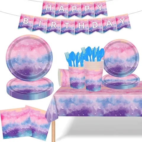 Ensemble de Vaisselle Anniversaire Ciel Étoilé de Rêve Tie Dye Assiettes en Papier Serviettes Tasses Nappe PE Bannière Fête