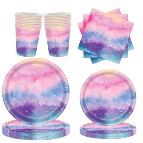 Ensemble de Vaisselle Anniversaire Ciel Étoilé de Rêve Tie Dye Assiettes en Papier Serviettes Tasses Nappe PE Bannière Fête