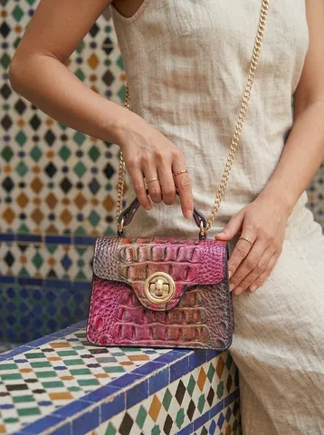 Women Vintage PU Leather Top Handle Bag Crocodile Pattern Crossbody Handbag With Gold Chain Strap Gradient Shoulder Bag For Daily Party