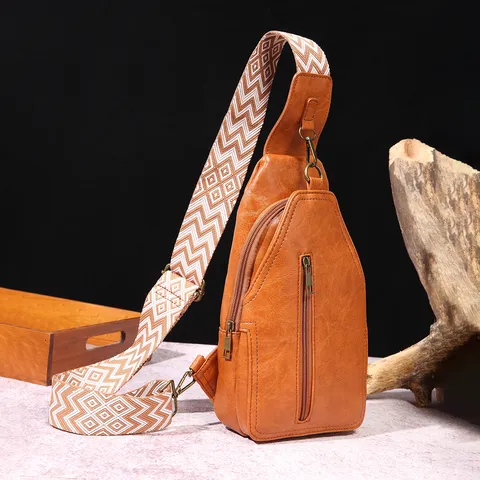 Bolso de Pecho Vintage de Cuero PU para Mujer Con Correa Ancha Bohemia Bolso Bandolera Retro Multi Bolsillo para Viajes Diario
