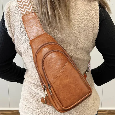 Bolso Bandolera de Pecho para Mujer Retro Bohemio Cuero de PU con Correa Ancha de Patrón Geométrico Color Sólido