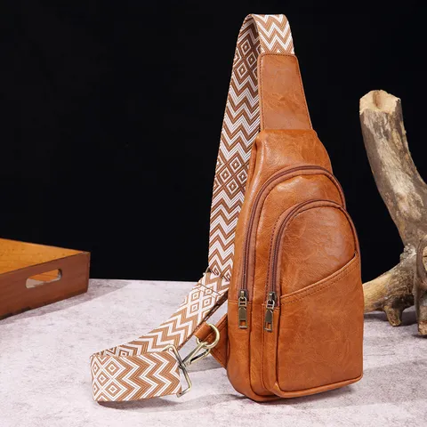 Bolso Bandolera de Pecho para Mujer Retro Bohemio Cuero de PU con Correa Ancha de Patrón Geométrico Color Sólido