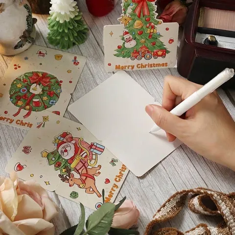 Tarjetas de Felicitación de Navidad Retro Papá Noel Muñeco de Nieve Reno Cartulina Blanca Tarjetas de Regalo Para Bendición de Vacaciones